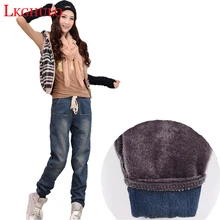 Зимние джинсы с эластичной резинкой на талии, свободные женские штаны-шаровары, брюки плюс толстые бархатные теплые прямые лосины из джинсовой ткани W437