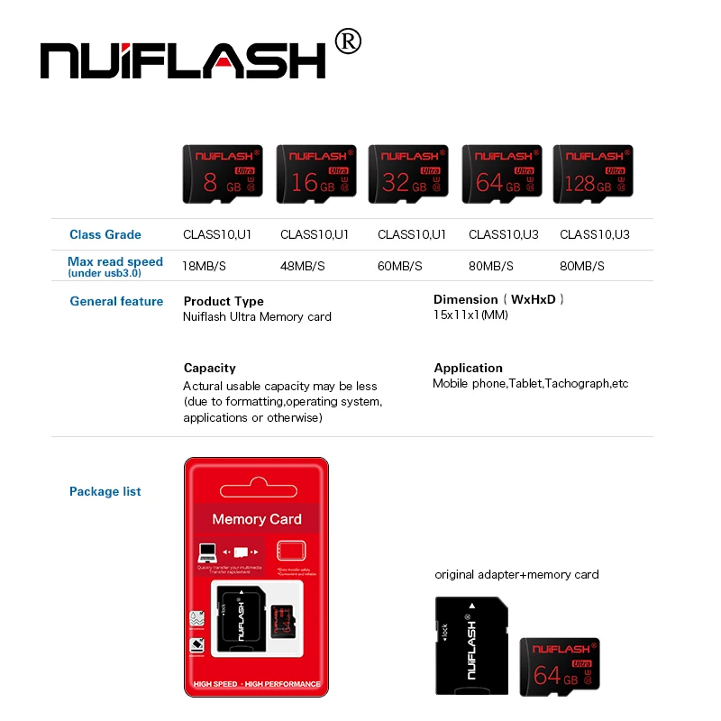 Nuiflash Micro SD Card Memory Card Micro-SD 64gb 128gb Class 10 Sd Tf, Suitable For Mobile PC Tablet TF Card SD Card