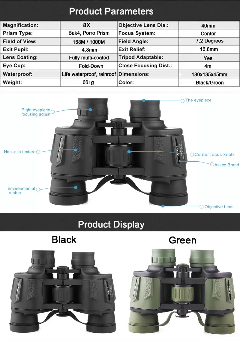 Telescópio de Caça Binóculos à Prova Água para Caça Askco Binóculos Profissional Zoom Alta Qualidade Grande Claro Lll Visão Noturna Dwaterproof 8x40 10 Telescópio e binóculos