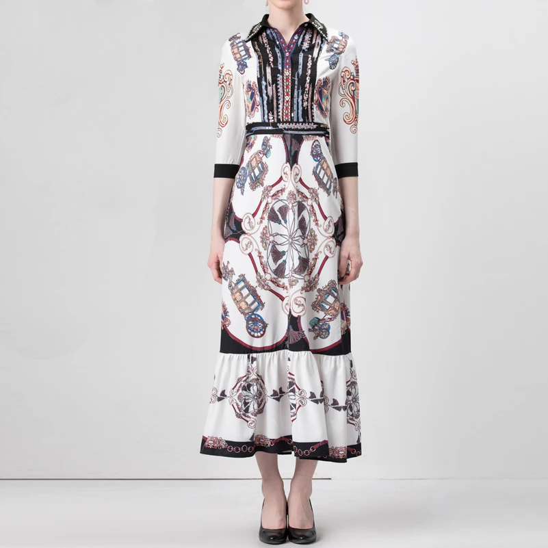 

High quality 2019 designer summer runway maxi dress Women's 3/4 Sleeve pattern Print Vintage Crystal Beaded Beach long Dress