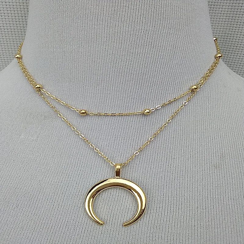 Модный золотой и серебряный цвета Двухслойное ожерелье с подвеской в форме рога полумесяц ожерелье для женщин минимальное богемное ювелирное изделие
