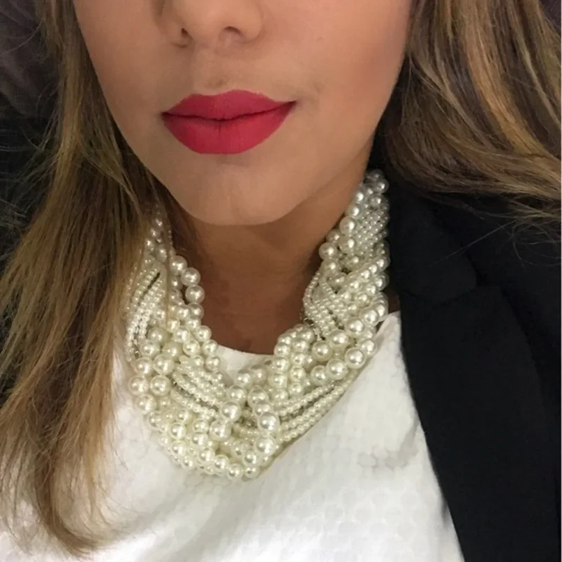 

UKMOC Fashion Women Statement Jewelry Short Design Rhinestones Imitation Pearl String Knitting Chunky Collar Chokers Necklaces