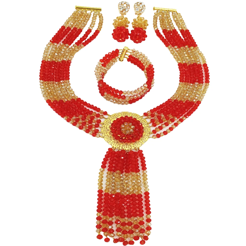 

Lovely Red Gold AB Multistrands Costume Necklace Nigerian Wedding African Beads Jewelry Set Crystal for Women 6CXLS16
