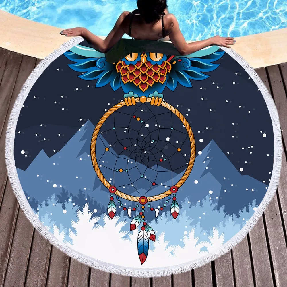 CAMMITEVER Owl Dreamcatcher Night Round Beach Towel Woman Toalla Tassel Blanket Hippie Printed Microfiber Bath Tapestry | Дом и сад