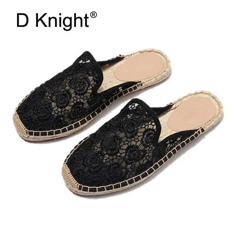 

Women Half Slippers Espadrilles Lace Cut-outs Black Women's Sandals Wear Simple Slides Casual Ladies Mules Flat Fisherman Shoes