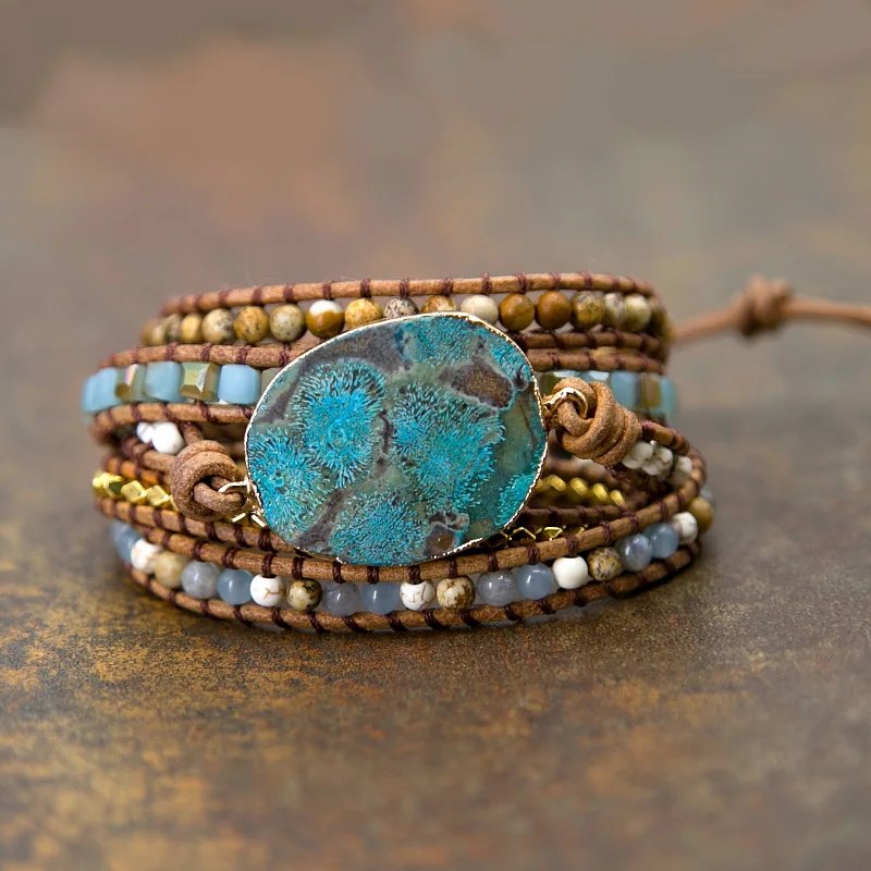 Уникальные смешанные природные камни позолоченный камень Шарм 5 прядей обруча браслеты ручной работы Boho браслет женский кожаный браслет Прямая поставка