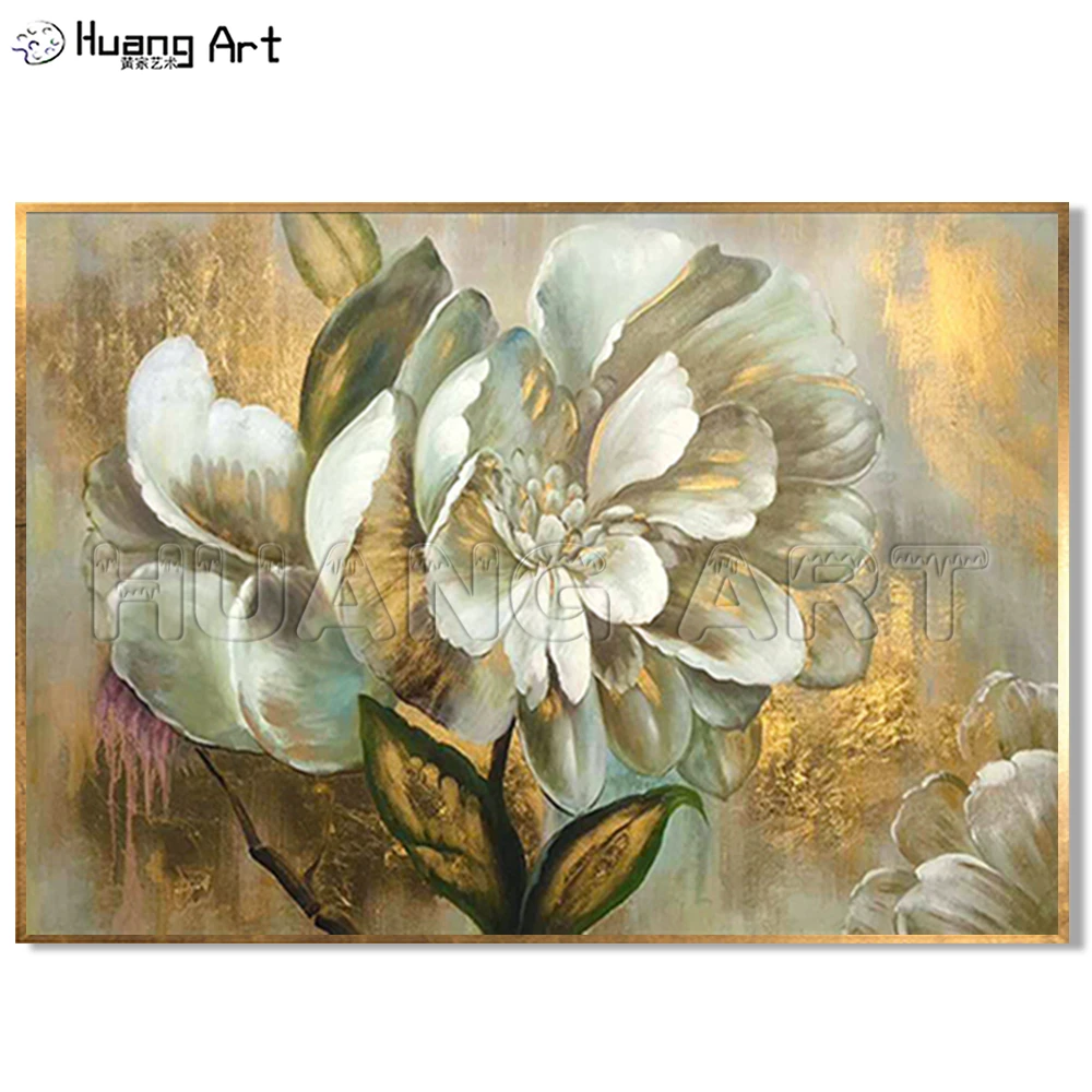 100% Handmade Blooming Flower Oil Painting On Canvas High End Decor Art  Wall Painting Home Decoration Gold Flower Art As Gift