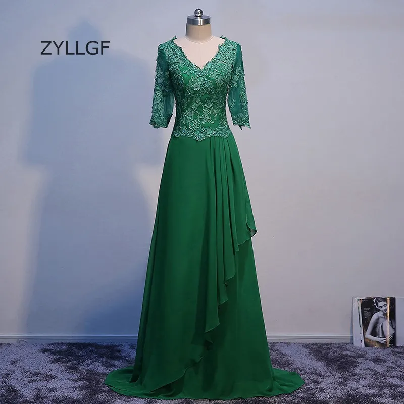 ZYLLGF Long Green Prom Dresses A Line V Neck Appliques Beaded Formal