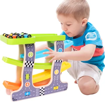 

Wood Colorful Slider Small Car Layers Kids Improving Ability Car Toys Ladder Slot Wooden Track Car Toys Gliding Racing Toy