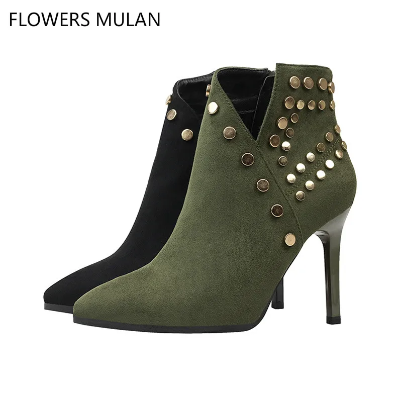 

Fashion New 2018 Spring Autumn Ankle Boots For Women Pointed Toe Suede Upper High Thin Heels Shoes Rivet Sewing Lady Footwear