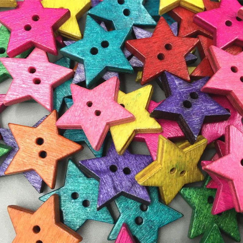 

DIY 100pcs Wooden Colorful stars Sewing Buttons decoration 2-holes Scrapbooking 22mm