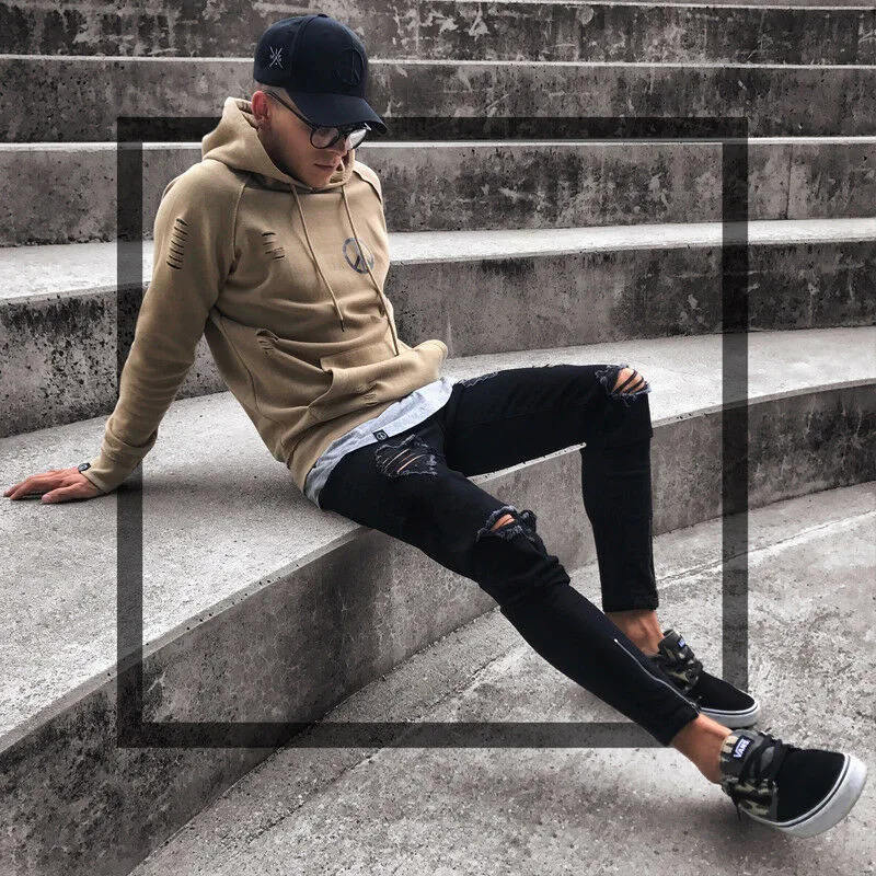 

Mens Cool Designer Brand Black Jeans Skinny Ripped Destroyed Stretch Slim Fit Hop Hop Pants With Holes For Men F3