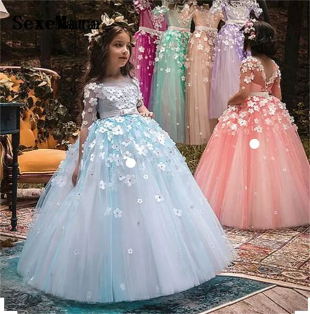 

Ball Gown Flower Girls Dress for Wedding Buttons Back Puffy Tulle Girls First Communion Dress Christmas Gown Kids Birthday Dress