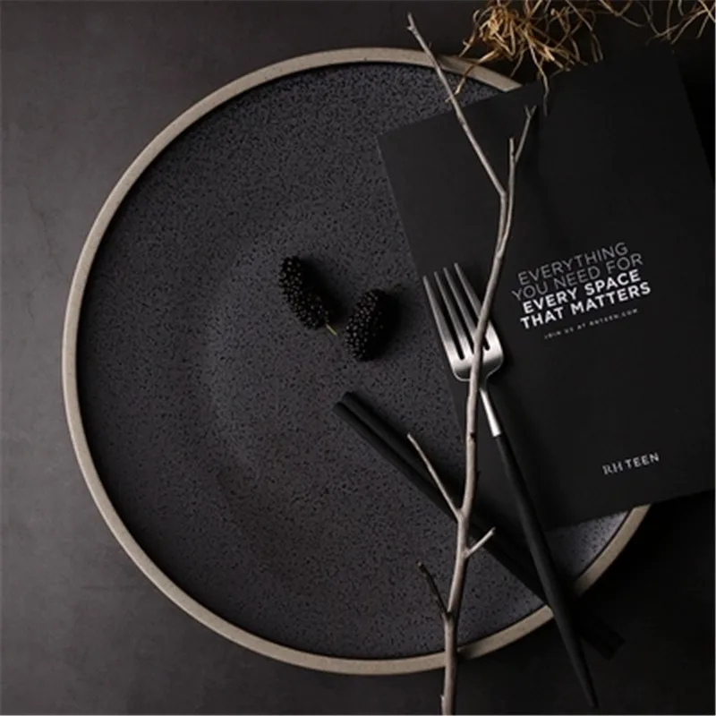 

KINGLANG European Western Steak Plate Black Crystal Large Plate Ceramic Plate Dishes Household Dessert Round Plate