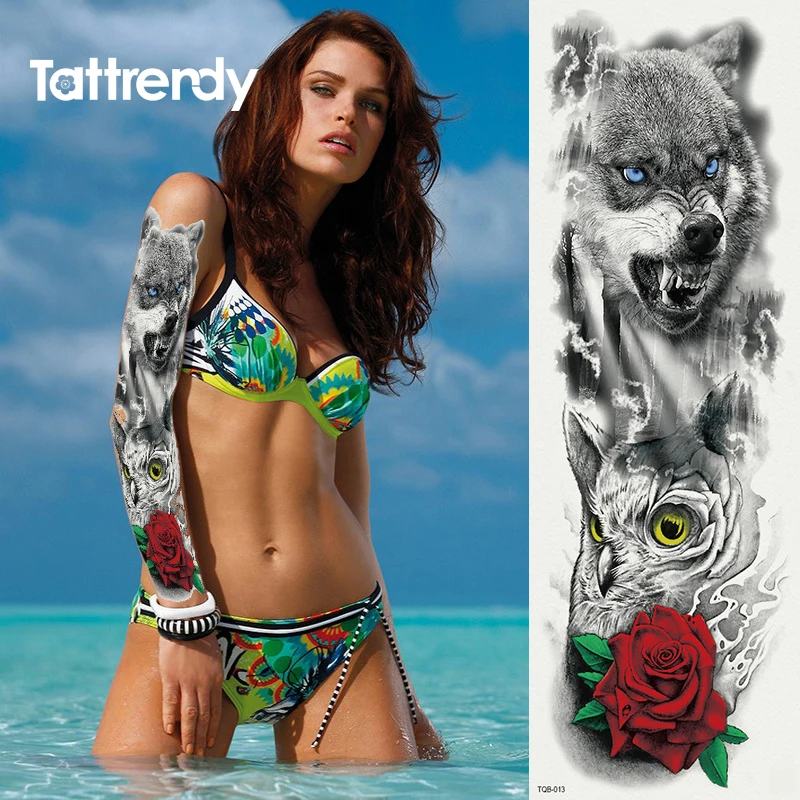 

2018 new full arm tattoo stickers large flower shoulder fake tattoos sleeve body paint death skull rose Witch clock Black Fire