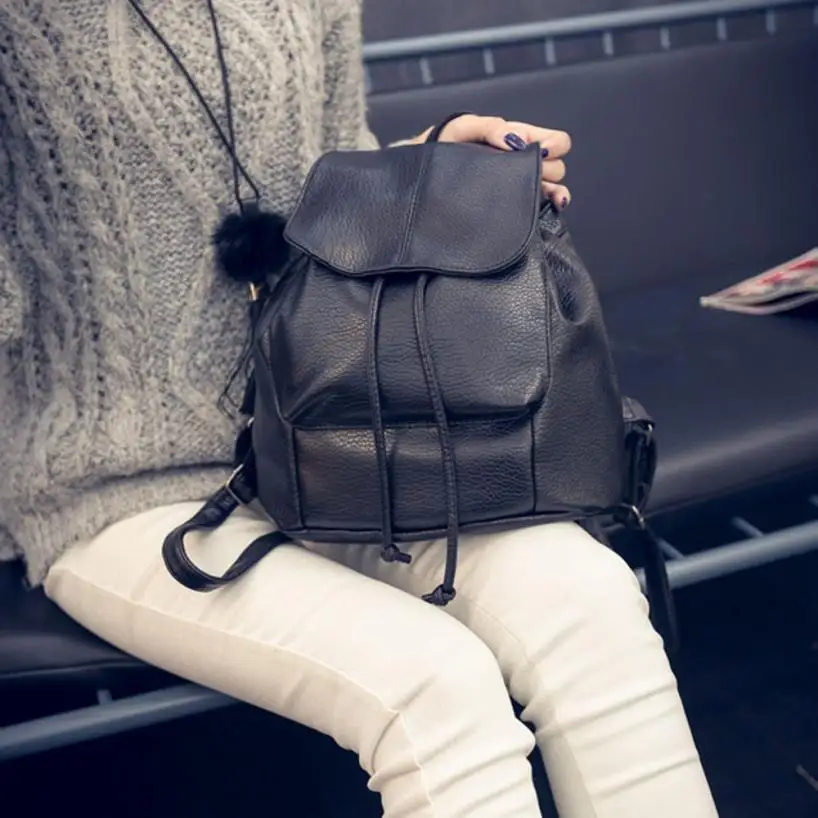 Women Leather Backpack Drawstring Satchel Shoulders School Rucksack Bags Travel Black Leather Backpack Zaino Scuola G