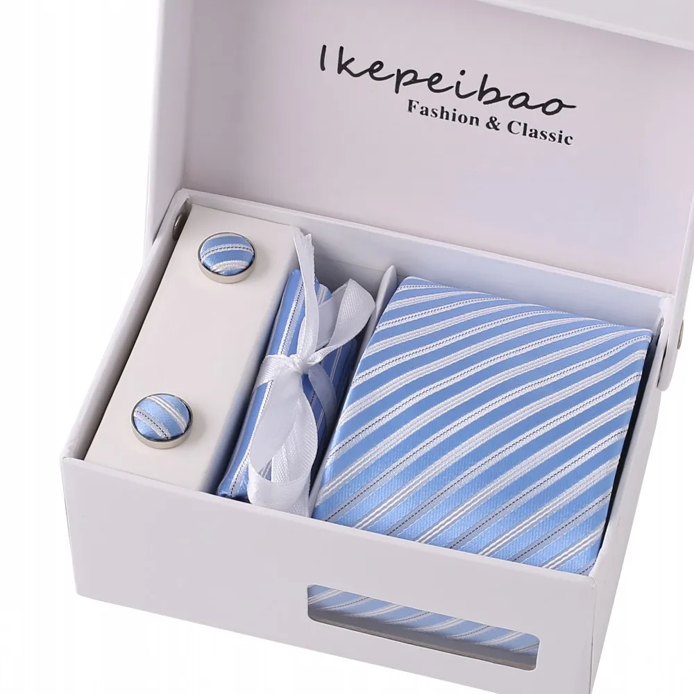 

New 8cm Custom Striped Lt Blue Men's Jacquard Woven Ties Hankie Cufflinks Sets Formal Necktie for Men Business Wedding Party
