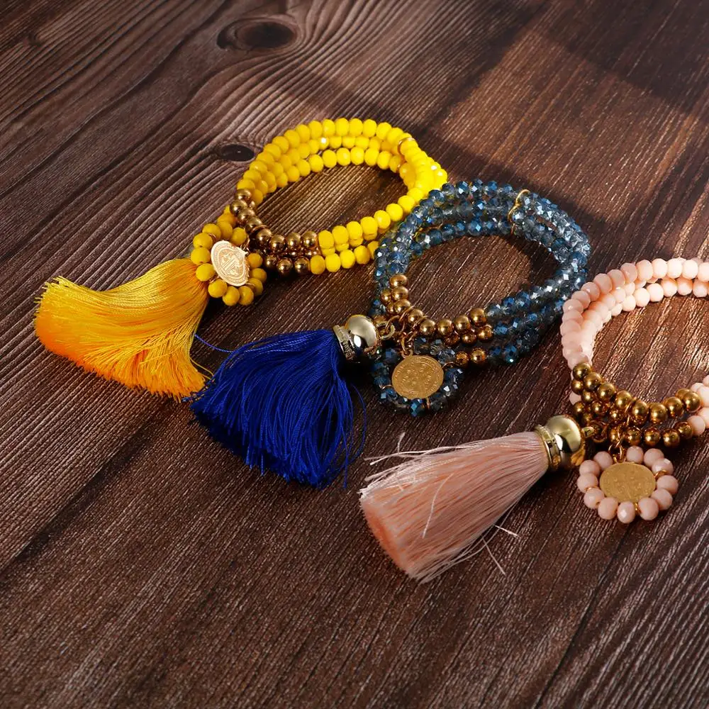 

Bohemia Women Colorful Crystal Beads Handmade Bracelets With Tassel Religion Charms Strand Bracelet Fashion Jewelry For Girl