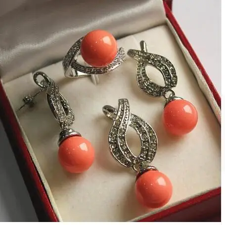 

fashion fine Lovely Rare 12mm salmon pink red pearl necklace pendant earring ring Set AAA women's jewelry 925 silver