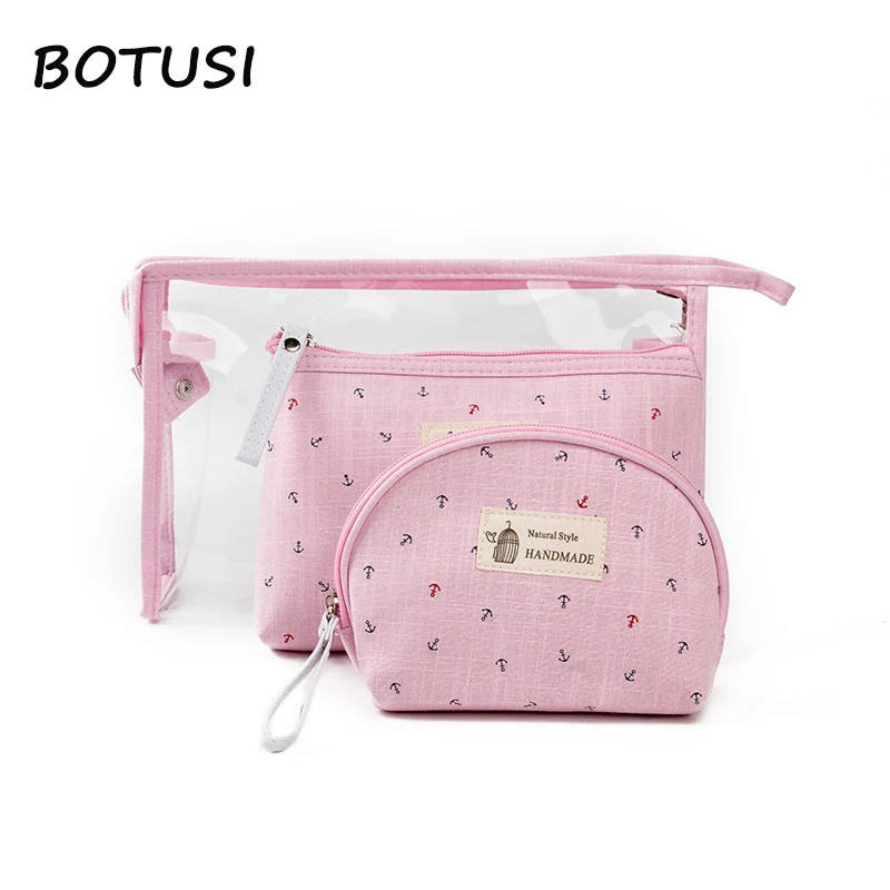 

BOTUSI Three-piece Canvas PVC Cosmetic Bags Organizer Women Makeup Necessaries for Travel Ladies Pouch Women Cosmetic Bag
