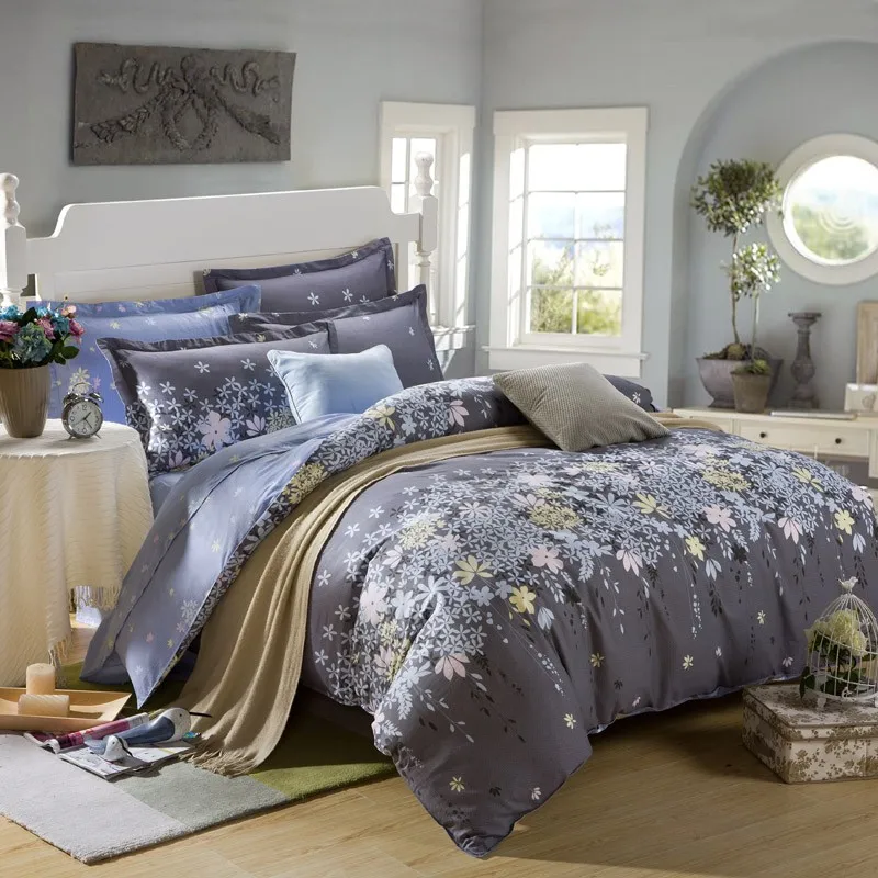 Grey Floral Printed 3 4pcs Bedding Set 100 Cotton Duvet Cover