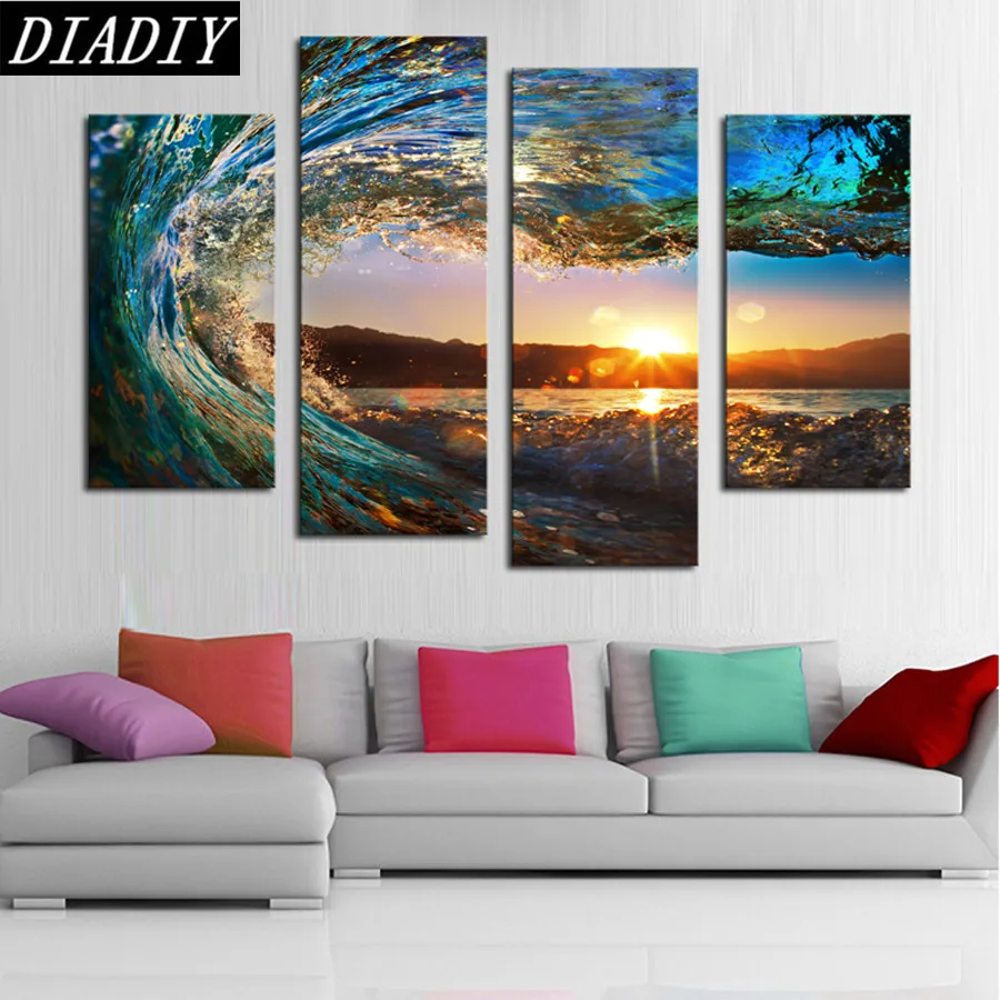 4 Pcs/Set Waves and sunsets Diamond Painting Cross Stitch 5D Diy Embroidery diamond Mosaic Full Resin Kits Home Decor | Дом и сад