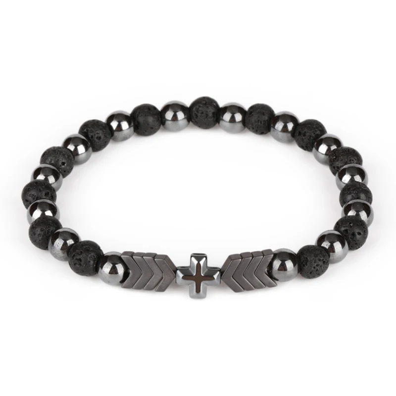 

6mm Black Rough Rock Lava Mineral Stone Bead Alternate Hematite Arrow Tiny Cross Charm Beaded Energy Chakra Bracelets Man Women
