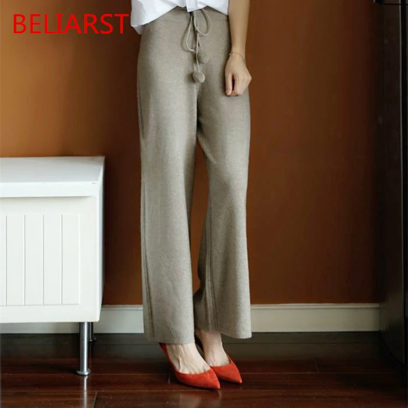 BELIARST новые осенние и зимние женские широкие брюки повседневные Прямые кашемировые брюки с высокой талией трикотажные теплые брюки