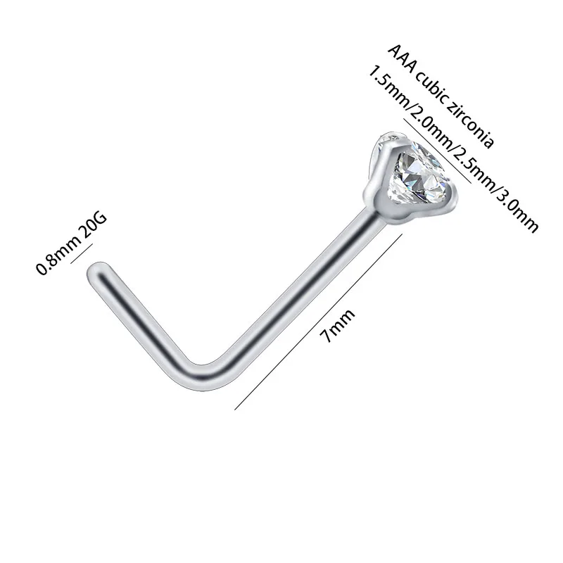 Модные носовые шпильки, кольца для носа 316L, титановая сталь, кубический цирконий, 1,5 мм, 2,0 мм, 2,5 мм, 3,0 мм, L форма, 20 г, Женские Ювелирные изделия для пирсинга