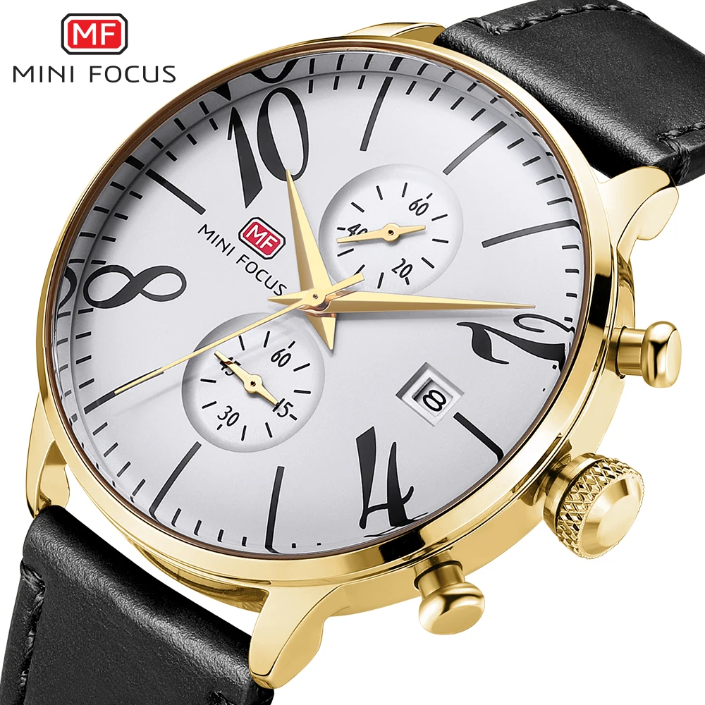 

MINIFOCUS Golden Quartz Mens Watches Top Brand Luxury 2 Sub-dials 5 Hands Calendar Chronograph Waterproof Leather Wrist Watches