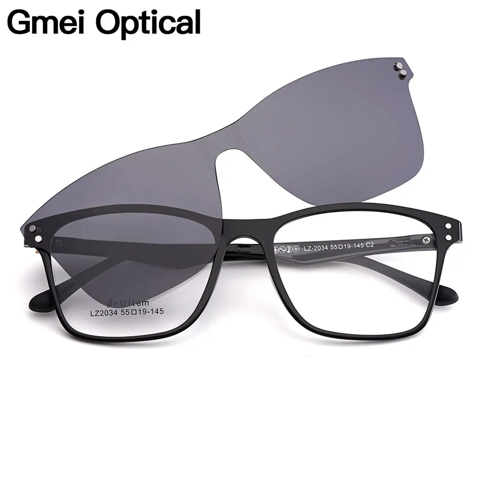 

Gmei Optical Men Large Square Ultralight Ultem Glasses Frame Polarized Clip on Sunglasses Women Optical Eyewear S2034