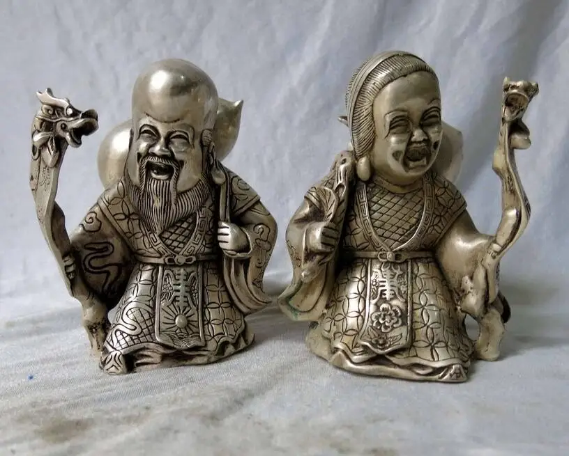 

wang67110361+++China silver carved dragon Buddhism Feng Shui Longevity Land buddha Pair Statue