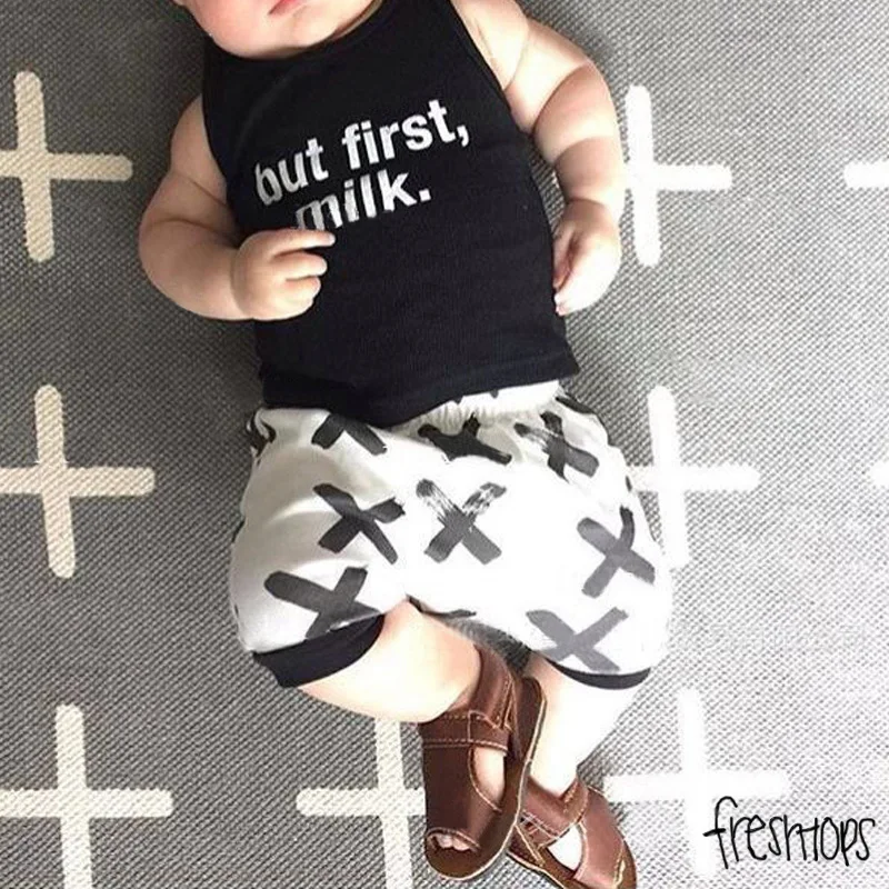 

0-4Y Newborn Boy Girl Clothes Set Summer But First Milk Print Sleeveless Vest +Shorts 2pcs Outfits