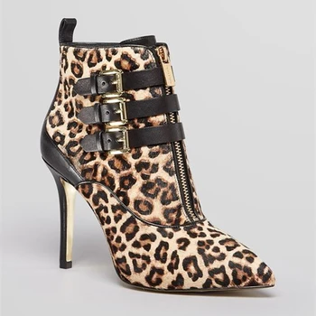 

EMMA KING Suede Leather Winter Women Ankle Boots Women Leopard Buckle Pointed Toe Booties Front Zipper Flock Short Warm Boots
