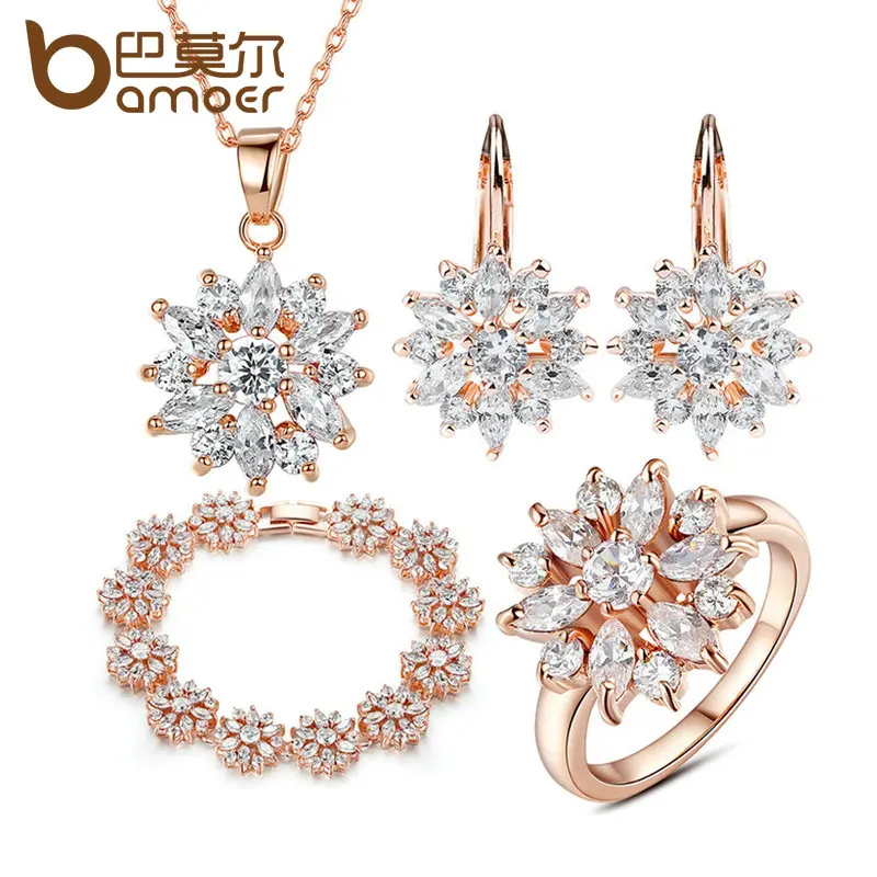

BAMOER 3 Colors Rose Gold Color Bridal Jewelry Sets & More for Women Wedding with High Quality AAA Zircon