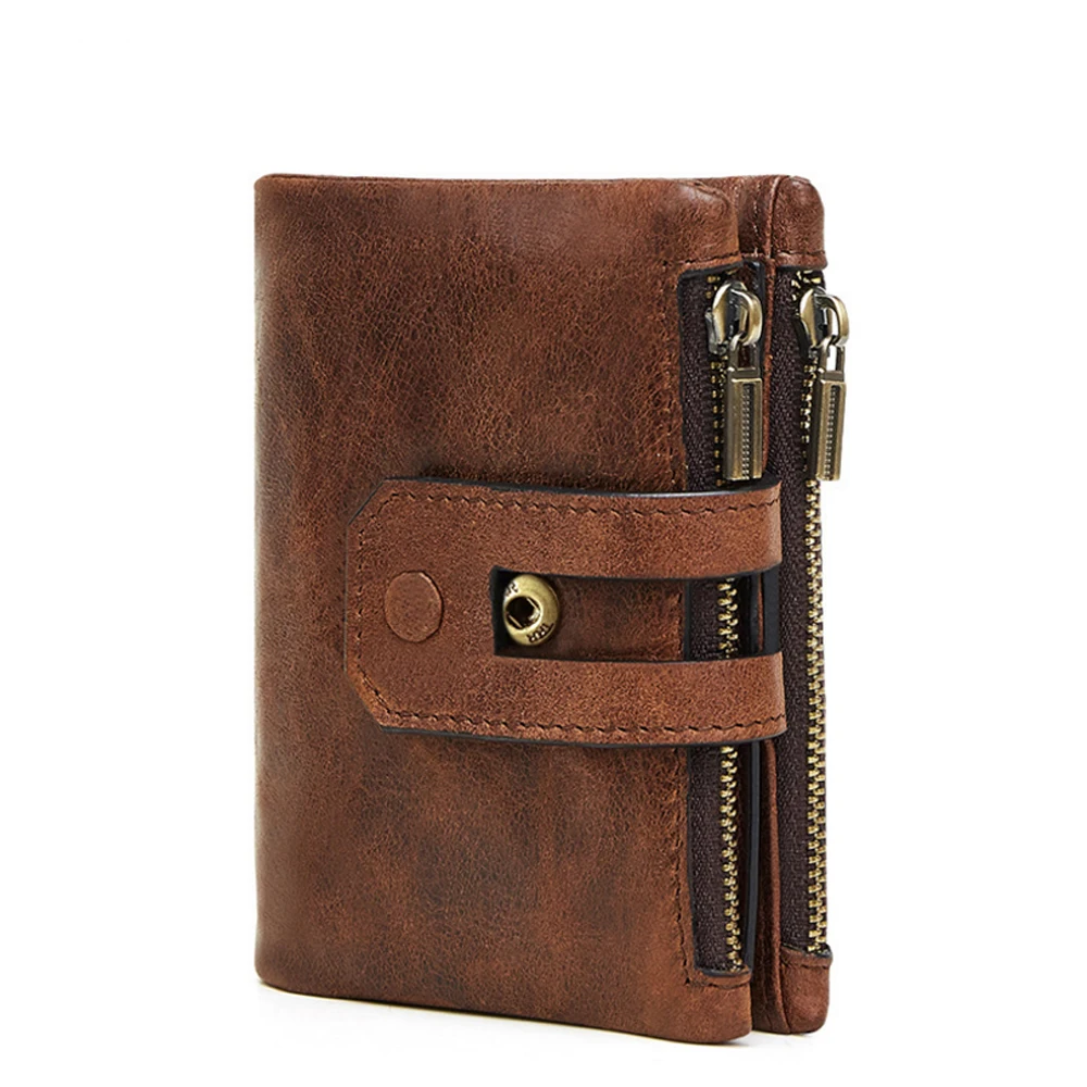 

2019 New Men Genuine Leather Short Wallet Double Zipper Large Capacity Anti Theft Wallets Fashion Pure Color Cowhide Wallets