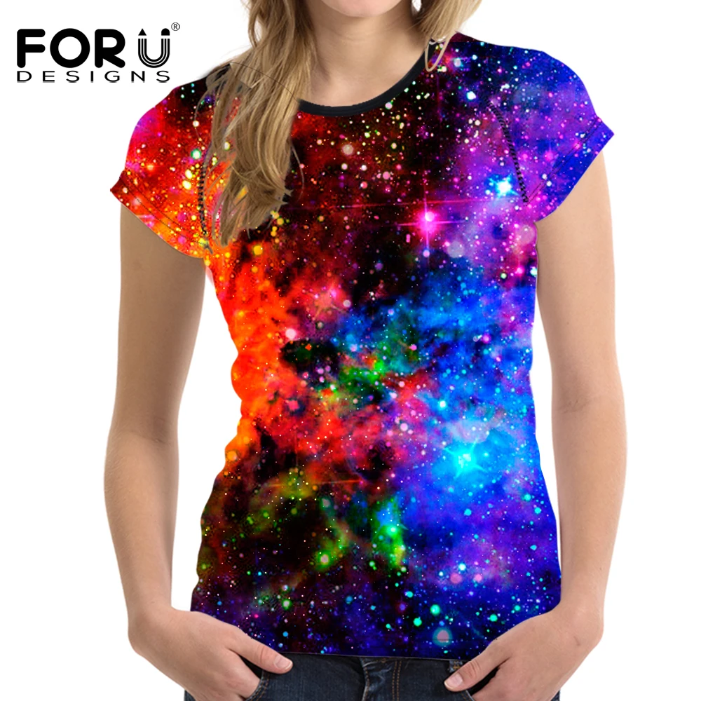 FORUDESIGNS/синий 3D Galaxy Print женская футболка Вселенная звезда Женские повседневные футболки с короткими рукавами Топы женские Бодибилдинг