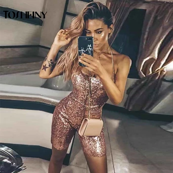 

Tosheiny 2020 Women Sexy Off Shoulder Sequin Rompers Solid Color Backless Elegant Playsuit TH0003
