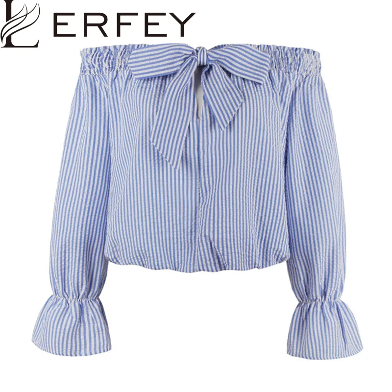 LERFEY Summer Women Blouses Sexy Off Shoulder Striped Bow
