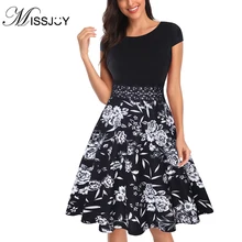 MISSJOY Women's Vintage Cap Sleeve Floral Flower Print Patch kleding vestidos pin up Cocktail Swing Party Summer Dress vintage style flower print swing dress