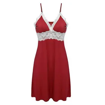

2018 New Fashion Red Sleeveless Lace Panel Slip Nightgowns Women Spaghetti Strap Lace Patchwork Night Dress Sleepwear Sexy Dress
