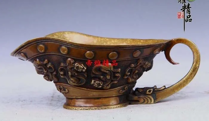 

China Palace Old Bronze Copper Gild Dragon Wineglass Cann Oxhorn Wine Cup Statue