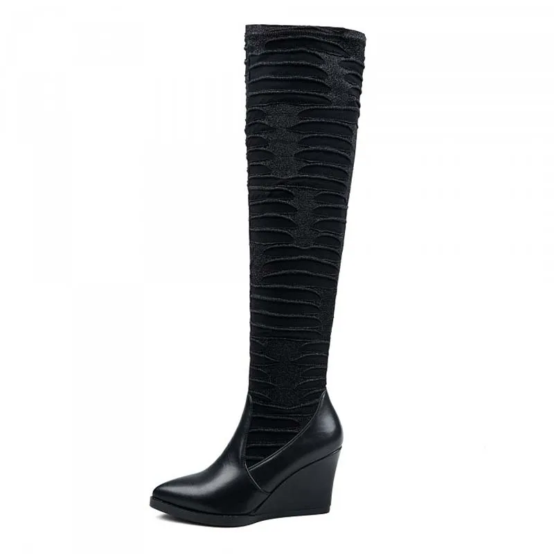 

Sexy Pointed Toe Wedges Over-the-Knee Boots For Women New Full Grain Leather Fashion Zip High Winter Long Platform Shoes