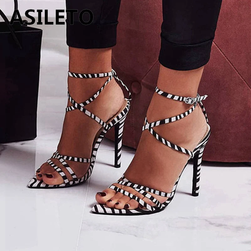 

ASILETO 2019 Catwalk High End brand Zebra High Heel Sheepskin Genuine Leather Open Mouth Women Sandals 10cm Party Sandal E170
