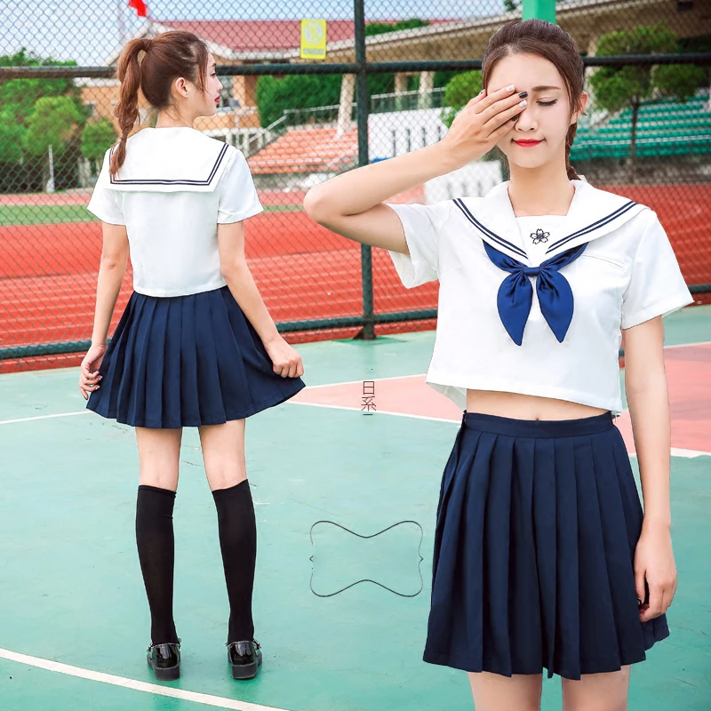 

UPHYD Summer Preppy Style High Schoolgirl Sailor Uniforms Sakura White Top+Dark Blue Or Red Pleated Skirt School Uniform