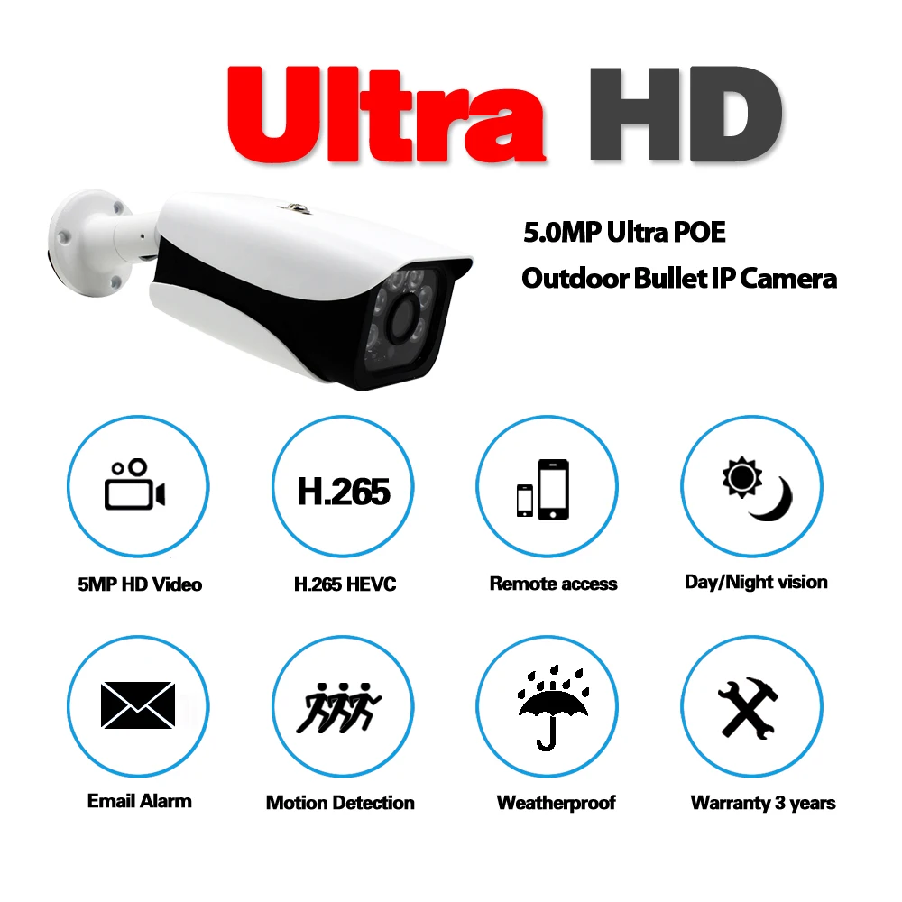  H.265 5.0MP POE IP Camera 5MP Bullet CCTV IP Camera ONVIF 2.0 for POE NVR System Waterproof Outdoor - 33052168702