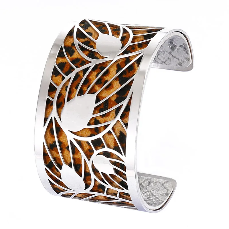 Кремо широкий полый браслет с листьями Argent манжеты браслеты для женщин ювелирные изделия браслеты из нержавеющей стали Реверсивный Кожаный Pulseira - Окраска металла: 013