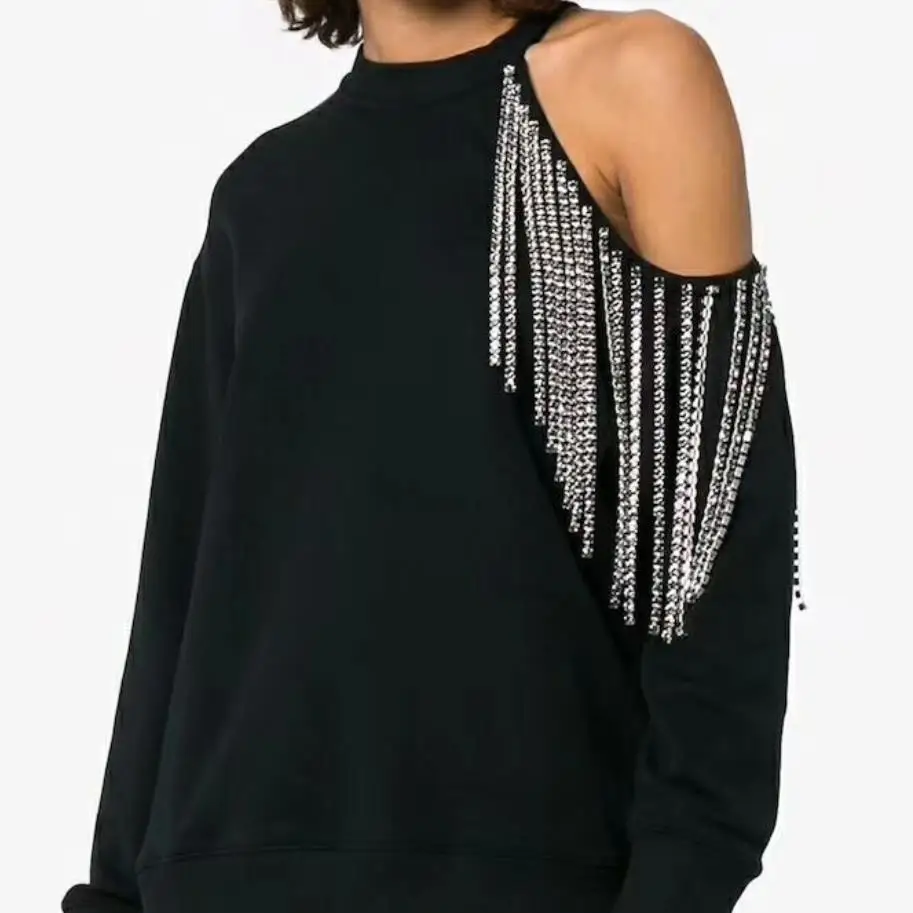 

Beading Round Neck Off Shoulder Loose Sweater Women long sleeve black Pullovers tops autumn winter fashion tide gx1348