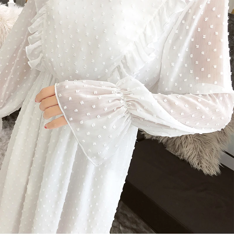 BGTEEVER Ruffles Polka Dot Women Chiffon Dress Elastic Waist Flare Sleeve Female Long Vestidos A-line White Dress