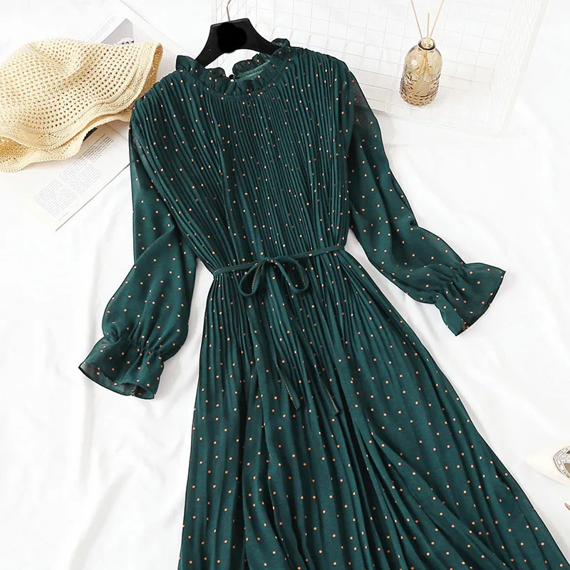 Шифоновое винтажное летнее платье с высокой эластичной талией, ТРАПЕЦИЕВИДНОЕ Стильное женское платье с длинным рукавом и цветочным принтом, узкое платье, 24 цвета, 8